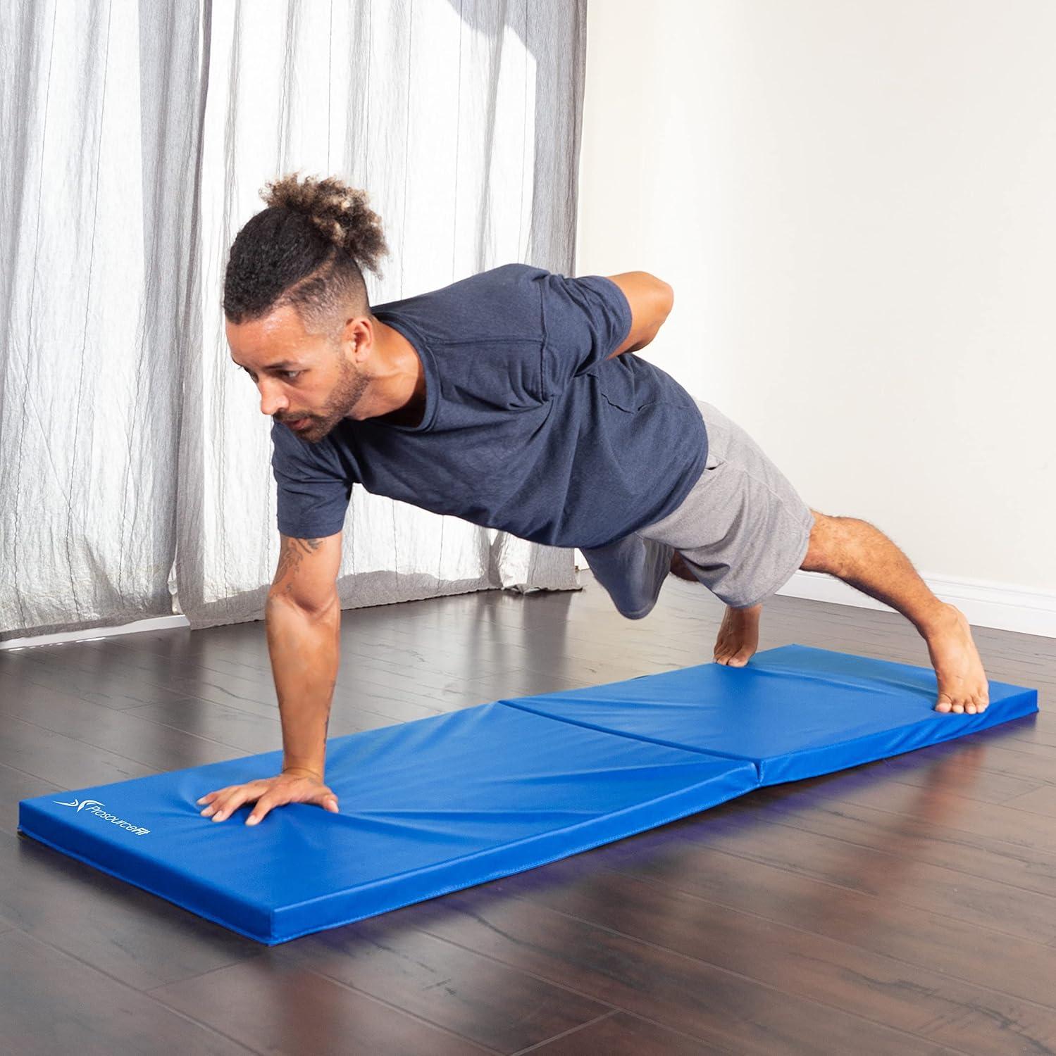 image:imageProsourceFit BiFold Folding Thick Exercise Mat 6x2 with Carrying Handles for MMA Gymnastics Core WorkoutsBlue