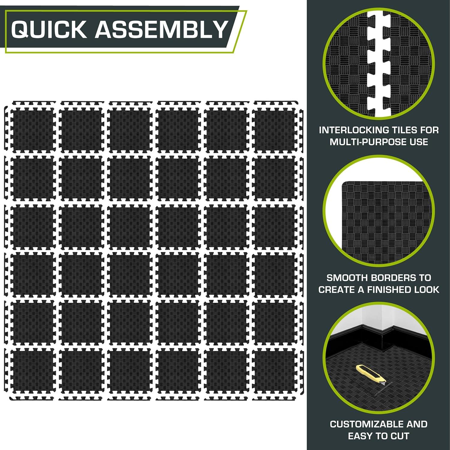 image:imageProsourceFit Exercise Puzzle Mat inch or 1inch Checkered EVA Foam Floor Tiles w NonSlip Texture Gym Mat with Interlocking Foam Tiles for Adjustable Surface Available in 12 24 or 36 SQ FTBlack 12 Inch 36 Tiles 36 Sq Ft