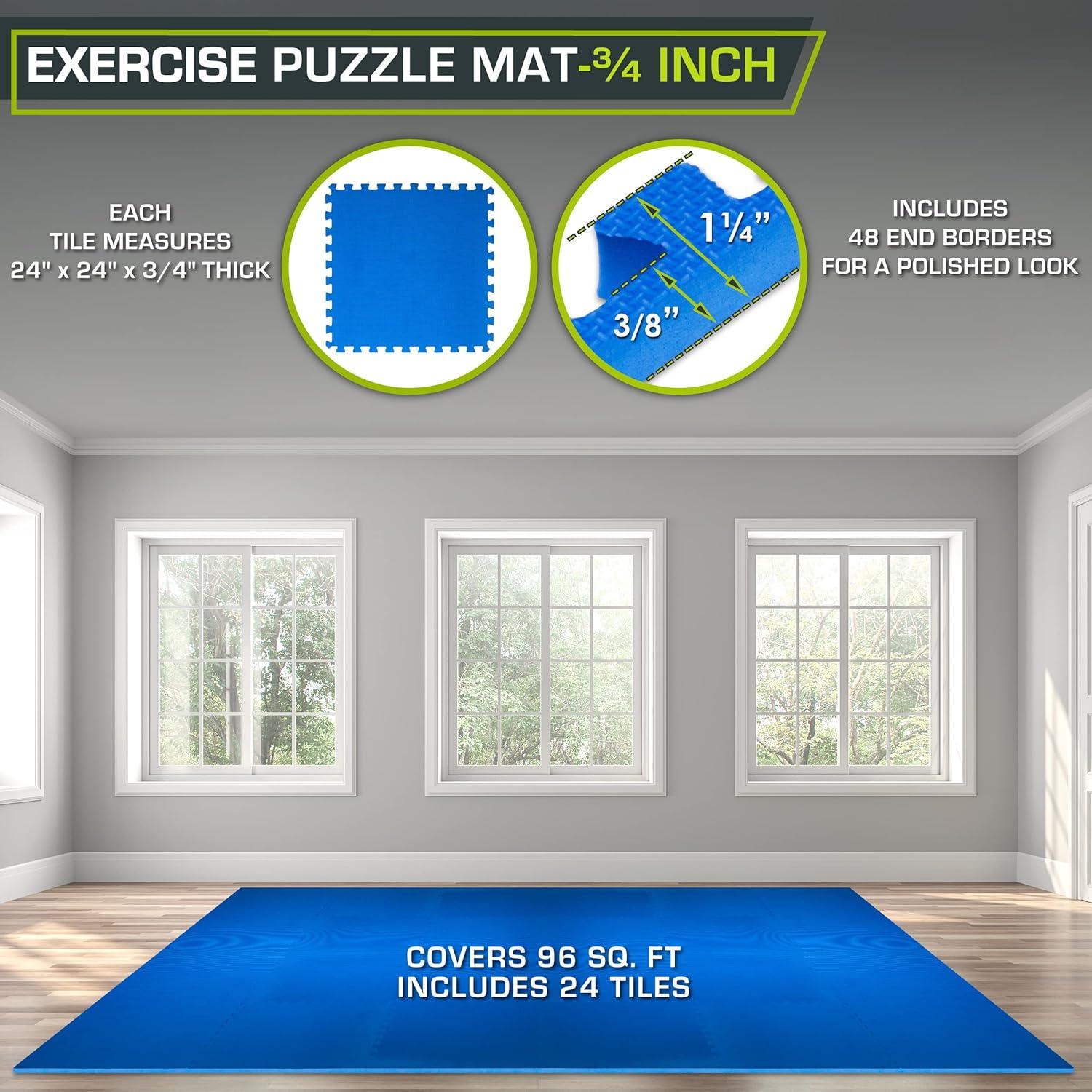 image:imageProsourceFit Extra Thick Puzzle Exercise Mat and 1 EVA Foam Interlocking Tiles for Protective Cushioned Workout Flooring for Home and Gym EquipmentBlue 34 Inch 96 Sq Ft 24 Tiles
