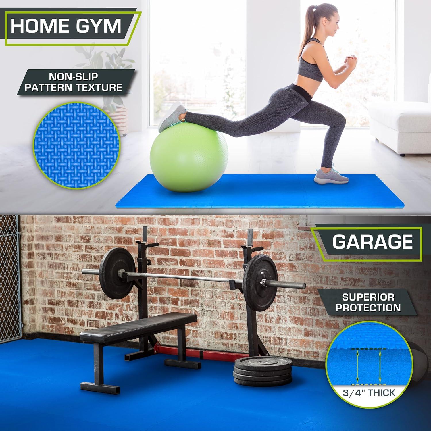 image:imageProsourceFit Extra Thick Puzzle Exercise Mat and 1 EVA Foam Interlocking Tiles for Protective Cushioned Workout Flooring for Home and Gym EquipmentBlue 34 Inch 96 Sq Ft 24 Tiles