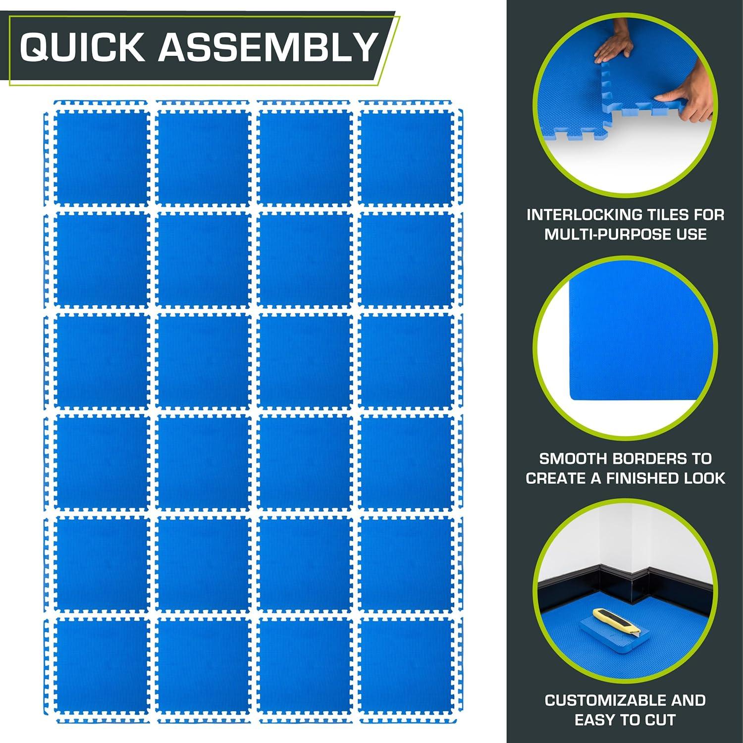 image:imageProsourceFit Extra Thick Puzzle Exercise Mat and 1 EVA Foam Interlocking Tiles for Protective Cushioned Workout Flooring for Home and Gym EquipmentBlue 34 Inch 96 Sq Ft 24 Tiles