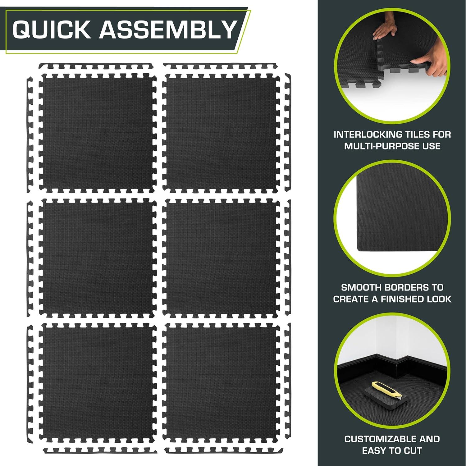 image:imageProsourceFit Extra Thick Puzzle Exercise Mat and 1 EVA Foam Interlocking Tiles for Protective Cushioned Workout Flooring for Home and Gym EquipmentBlack 34 Inch 24 Sq Ft 6 Tiles