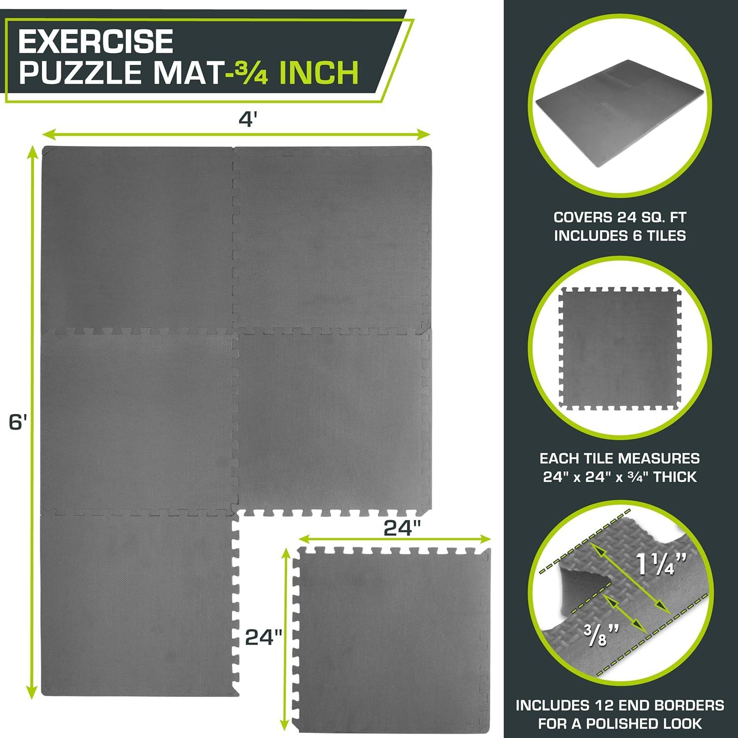 image:imageProsourceFit Extra Thick Puzzle Exercise Mat and 1 EVA Foam Interlocking Tiles for Protective Cushioned Workout Flooring for Home and Gym EquipmentGrey 34 Inch 24 Sq Ft 6 Tiles