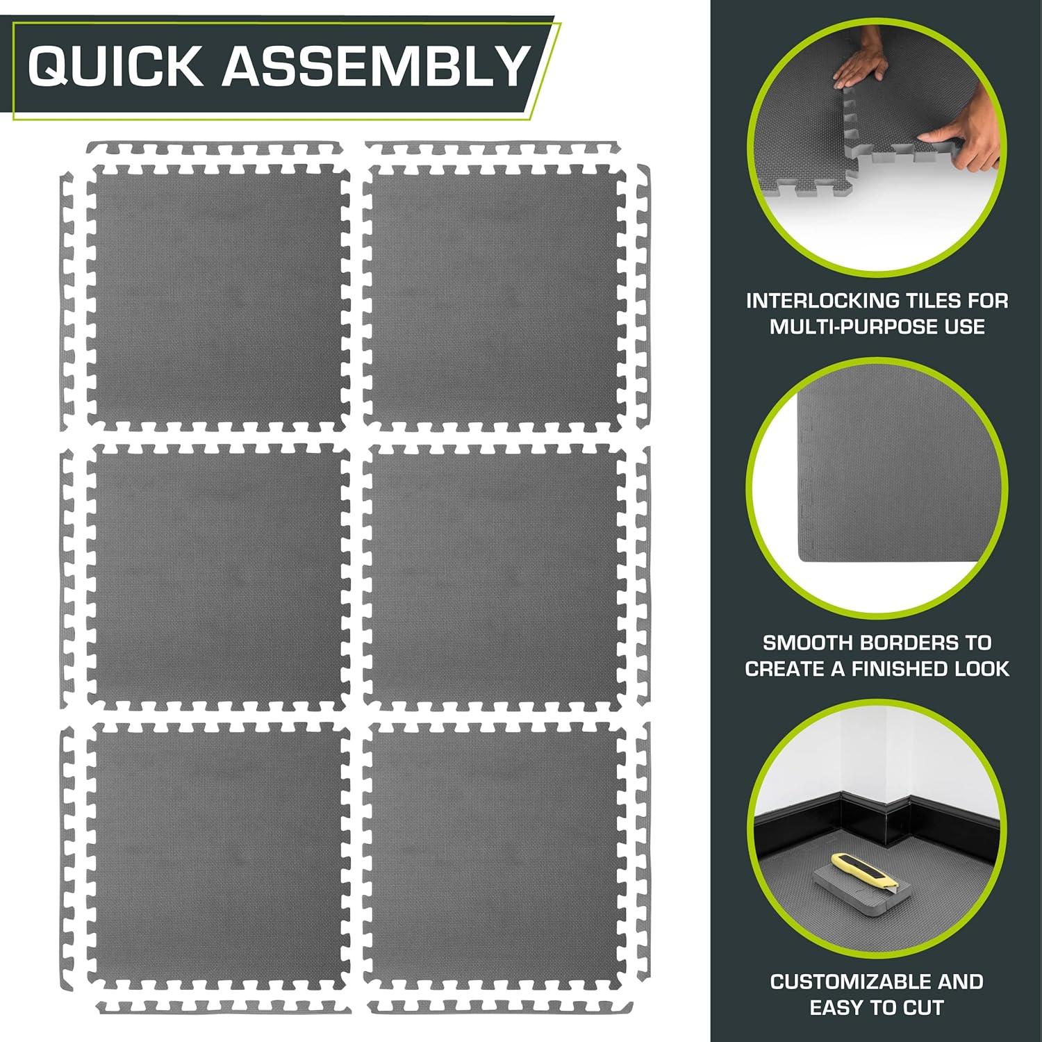 image:imageProsourceFit Extra Thick Puzzle Exercise Mat and 1 EVA Foam Interlocking Tiles for Protective Cushioned Workout Flooring for Home and Gym EquipmentGrey 34 Inch 24 Sq Ft 6 Tiles