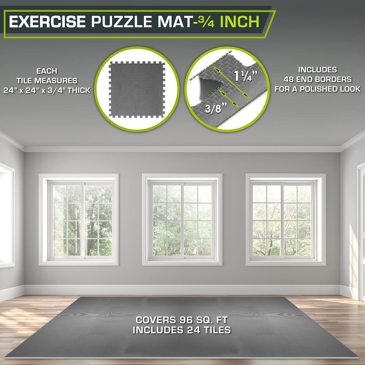 image:imageProsourceFit Extra Thick Puzzle Exercise Mat and 1 EVA Foam Interlocking Tiles for Protective Cushioned Workout Flooring for Home and Gym EquipmentGrey 34 Inch 96 Sq Ft 24 Tiles