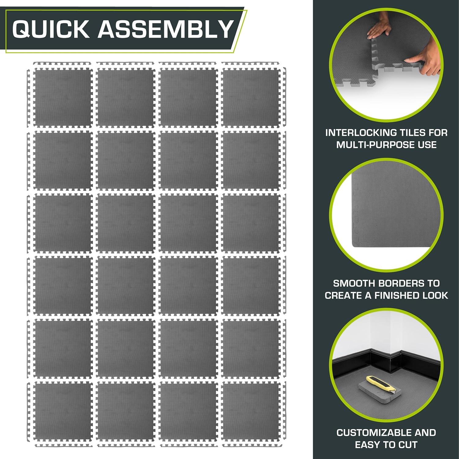 image:imageProsourceFit Extra Thick Puzzle Exercise Mat and 1 EVA Foam Interlocking Tiles for Protective Cushioned Workout Flooring for Home and Gym EquipmentGrey 34 Inch 96 Sq Ft 24 Tiles
