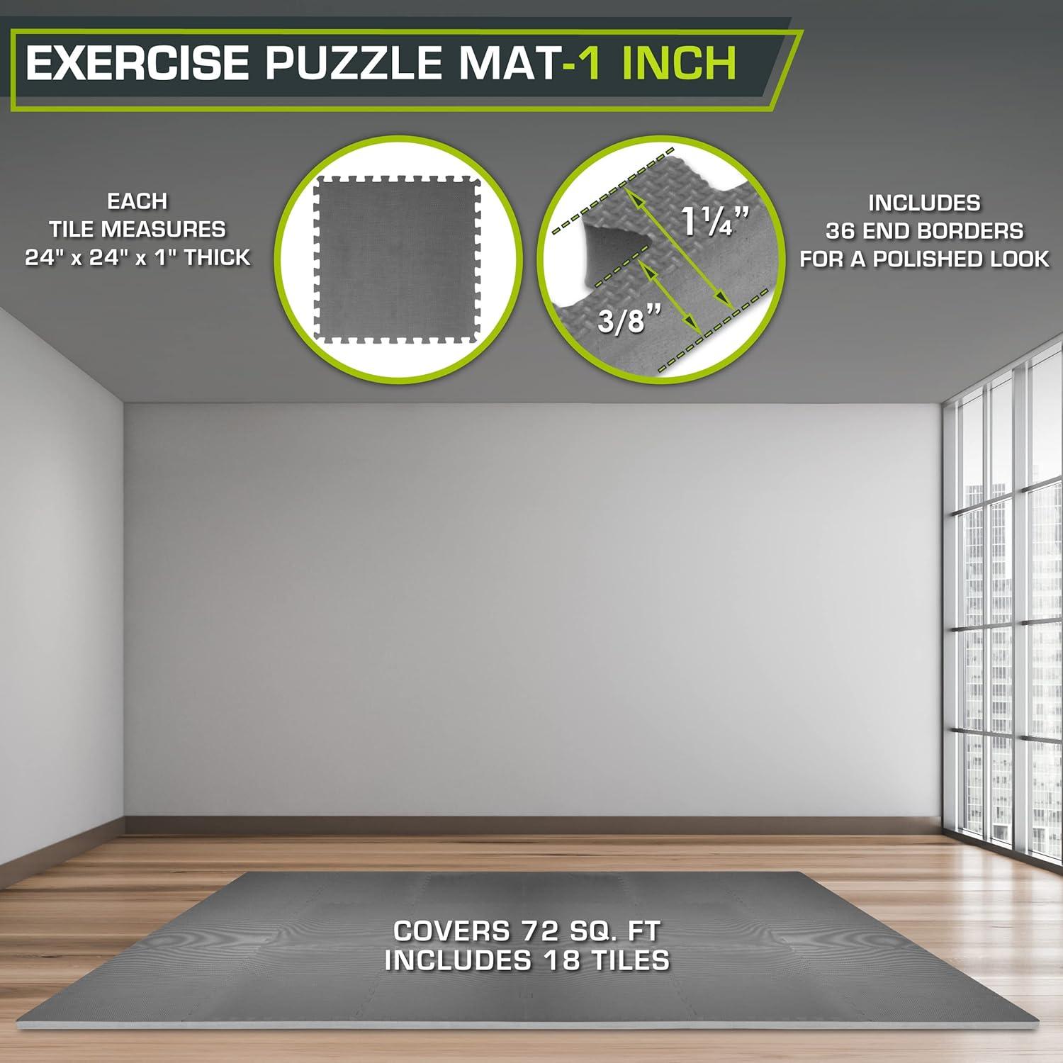 image:imageProsourceFit Extra Thick Puzzle Exercise Mat and 1 EVA Foam Interlocking Tiles for Protective Cushioned Workout Flooring for Home and Gym EquipmentGrey 1 Inch 72 Sq Ft 18 Tiles