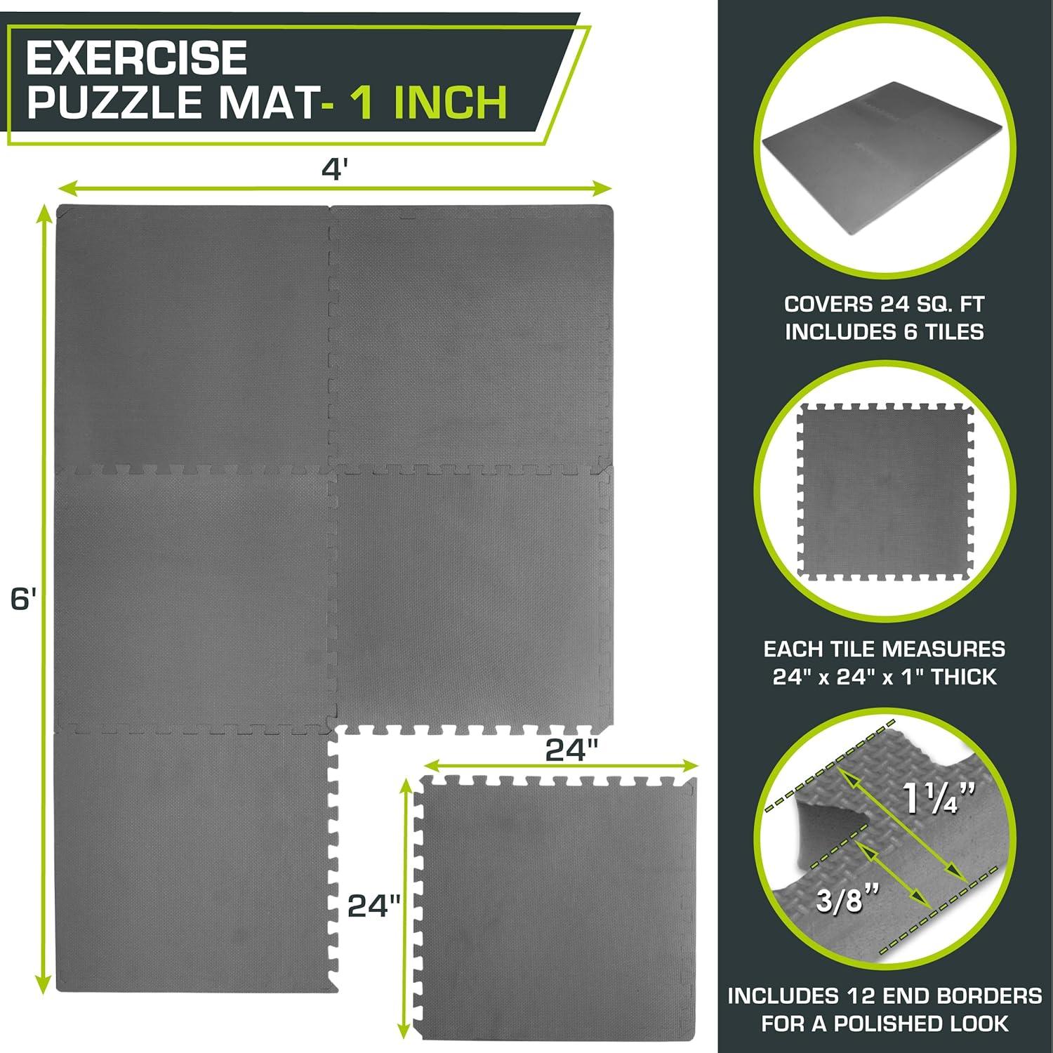 image:imageProsourceFit Extra Thick Puzzle Exercise Mat and 1 EVA Foam Interlocking Tiles for Protective Cushioned Workout Flooring for Home and Gym EquipmentGrey 1 Inch 24 Sq Ft 6 Tiles
