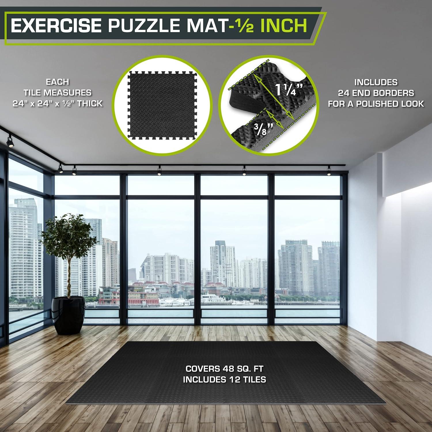 image:imageProsourceFit Puzzle Exercise Mat in EVA Interlocking Foam Floor Tiles for Home Gym Mat for Home Workout Equipment Floor Padding for Kids Grey 24 in x 24 in x in 24 Sq Ft 6 TilesBlack