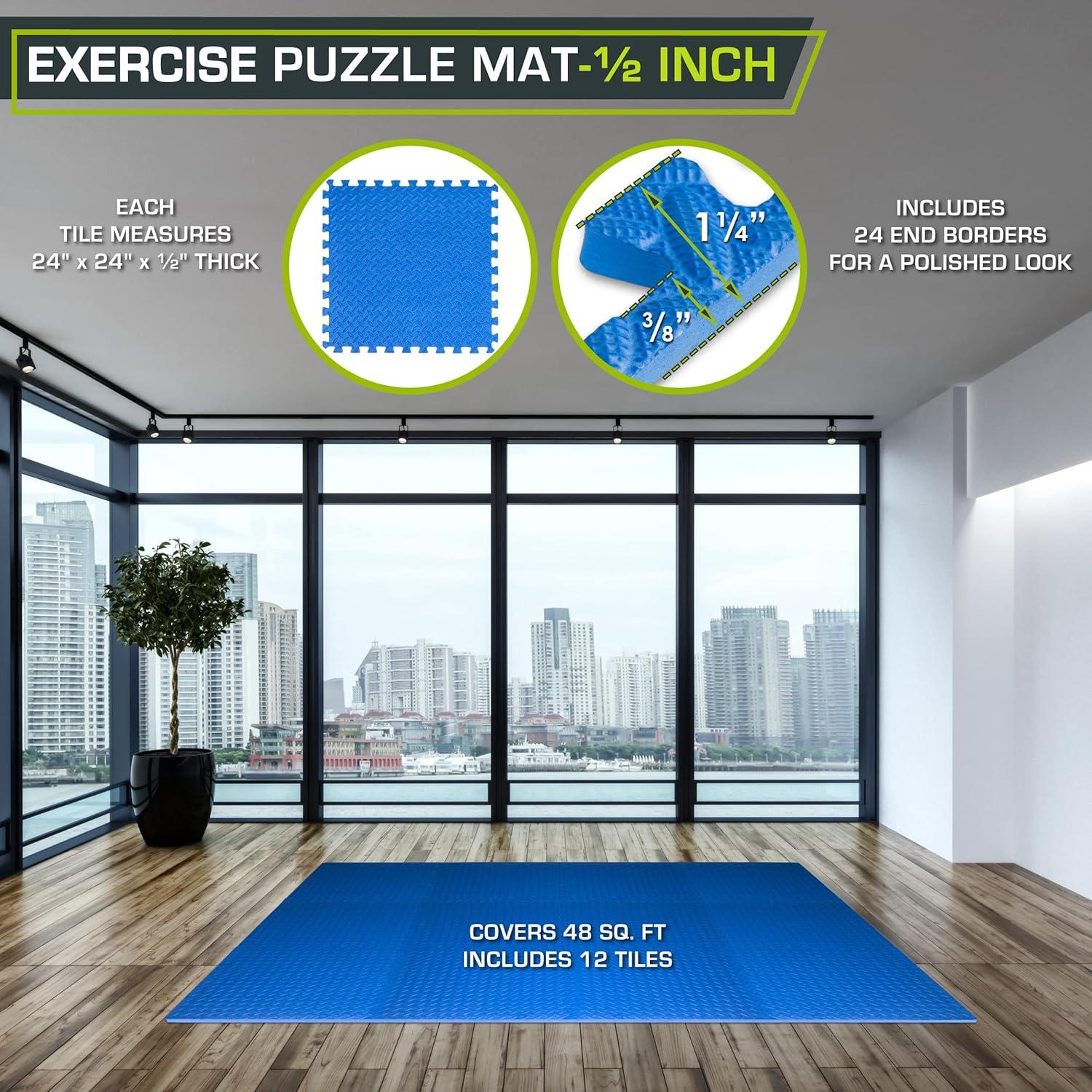 image:imageProsourceFit Puzzle Exercise Mat in EVA Interlocking Foam Floor Tiles for Home Gym Mat for Home Workout Equipment Floor Padding for Kids Grey 24 in x 24 in x in 24 Sq Ft 6 TilesBlue