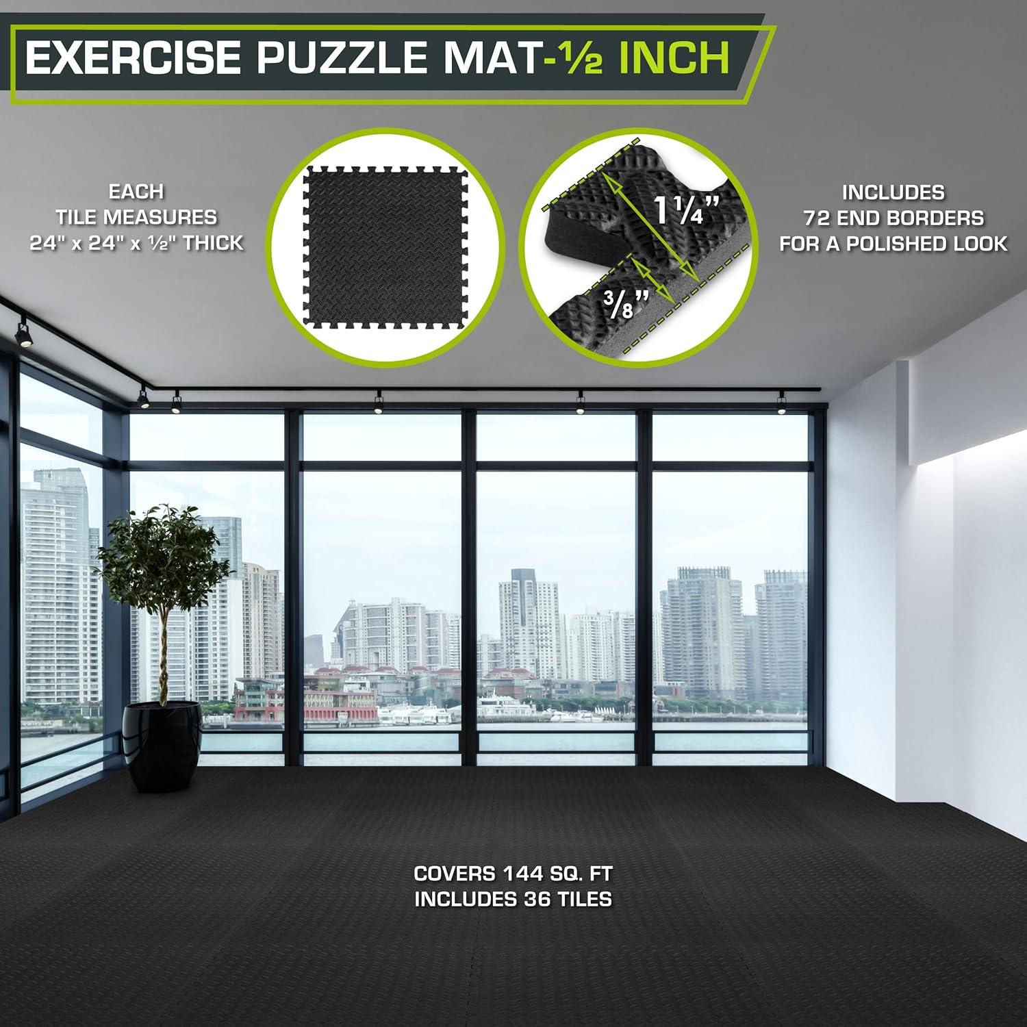 image:imageProsourceFit Puzzle Exercise Mat in EVA Interlocking Foam Floor Tiles for Home Gym Mat for Home Workout Equipment Floor Padding for Kids Grey 24 in x 24 in x in 24 Sq Ft 6 TilesBlack