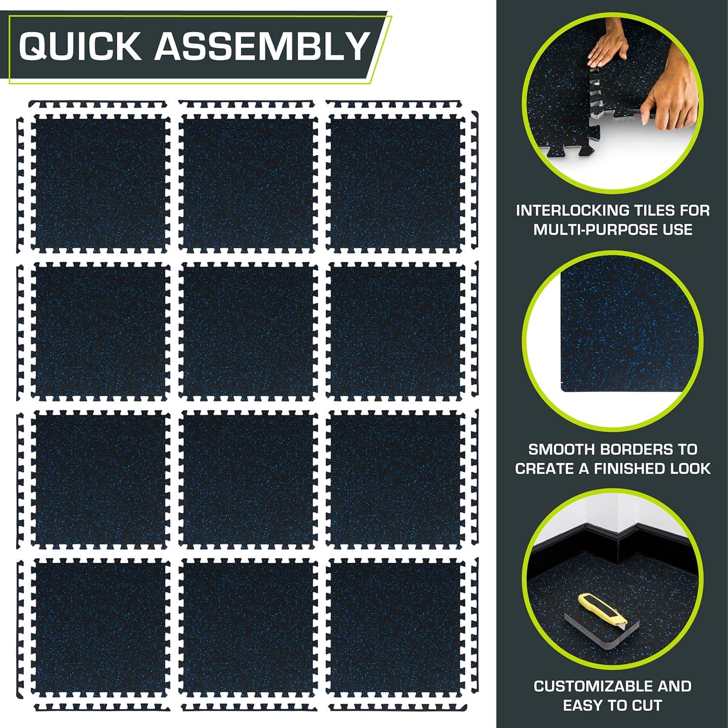 image:imageProsourceFit Rubber Top Exercise Puzzle Mat inch or inch EVA Foam Interlocking Tiles for Home Gym Protective Flooring for Equipment and Workouts Available in 24 SQ FT or 48 SQ FTBlue 34 Inch 48 Sq Ft 12 Tiles