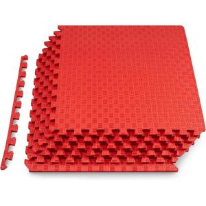 ProsourceFit Exercise Puzzle Mat ½-in, Checkered EVA Foam Floor Tiles w/Non-Slip Texture, Gym Mat w/Interlocking Foam Tiles for Adjustable Surface, Shock Absorbing, Waterproof Gym Flooring, Red(Red – 1/2 Inch – 6 Tiles – 24 Sq Ft)