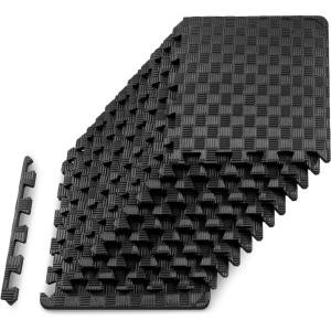 ProsourceFit Exercise Puzzle Mat ½-in, Checkered EVA Foam Floor Tiles w/Non-Slip Texture, Gym Mat w/Interlocking Foam Tiles for Adjustable Surface, Shock Absorbing, Waterproof Gym Flooring, Red(Black – 1/2 Inch – 12 Tiles – 12 Sq Ft)