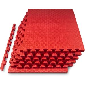 ProsourceFit Exercise Puzzle Mat ½-in, Checkered EVA Foam Floor Tiles w/Non-Slip Texture, Gym Mat w/Interlocking Foam Tiles for Adjustable Surface, Shock Absorbing, Waterproof Gym Flooring, Red(Red – 1 Inch – 6 Tiles – 24 Sq Ft)
