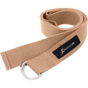 ProsourceFit Metal D-Ring Yoga Strap 8’ Durable Cotton for Stretching and Flexibility(Beige)
