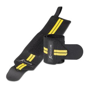 ProsourceFit Pair of Barbell Weight Lifting Wrist Wraps Support with Thumb Loop, Red(Yellow)