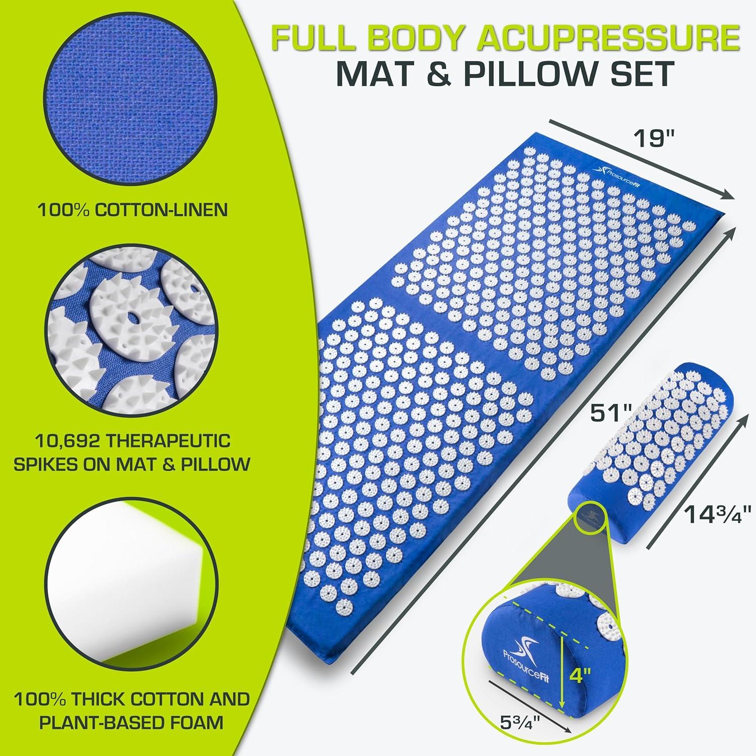 image:imageProsourceFit Acupressure Mat and Pillow Set for BackNeck Pain Relief and Muscle RelaxationBlueWhite
