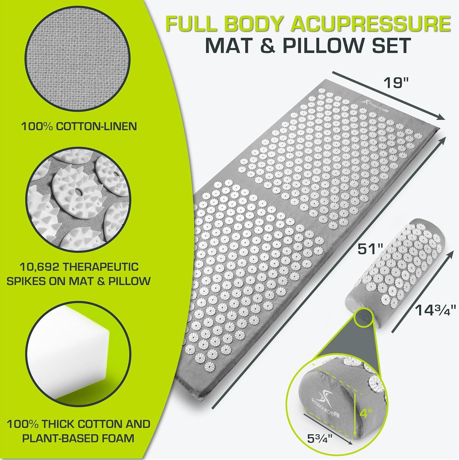 image:imageProsourceFit Acupressure Mat and Pillow Set for BackNeck Pain Relief and Muscle RelaxationGreyWhite