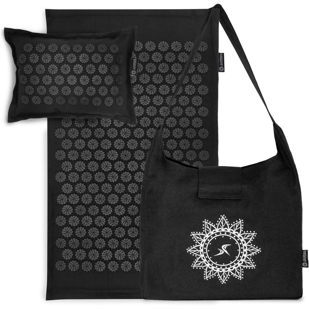 image:imageProsourceFit Ki Acupressure Mat and Pillow Set with 100 Natural Linen for BackNeck Pain Relief and Muscle RelaxationBlack Pearl