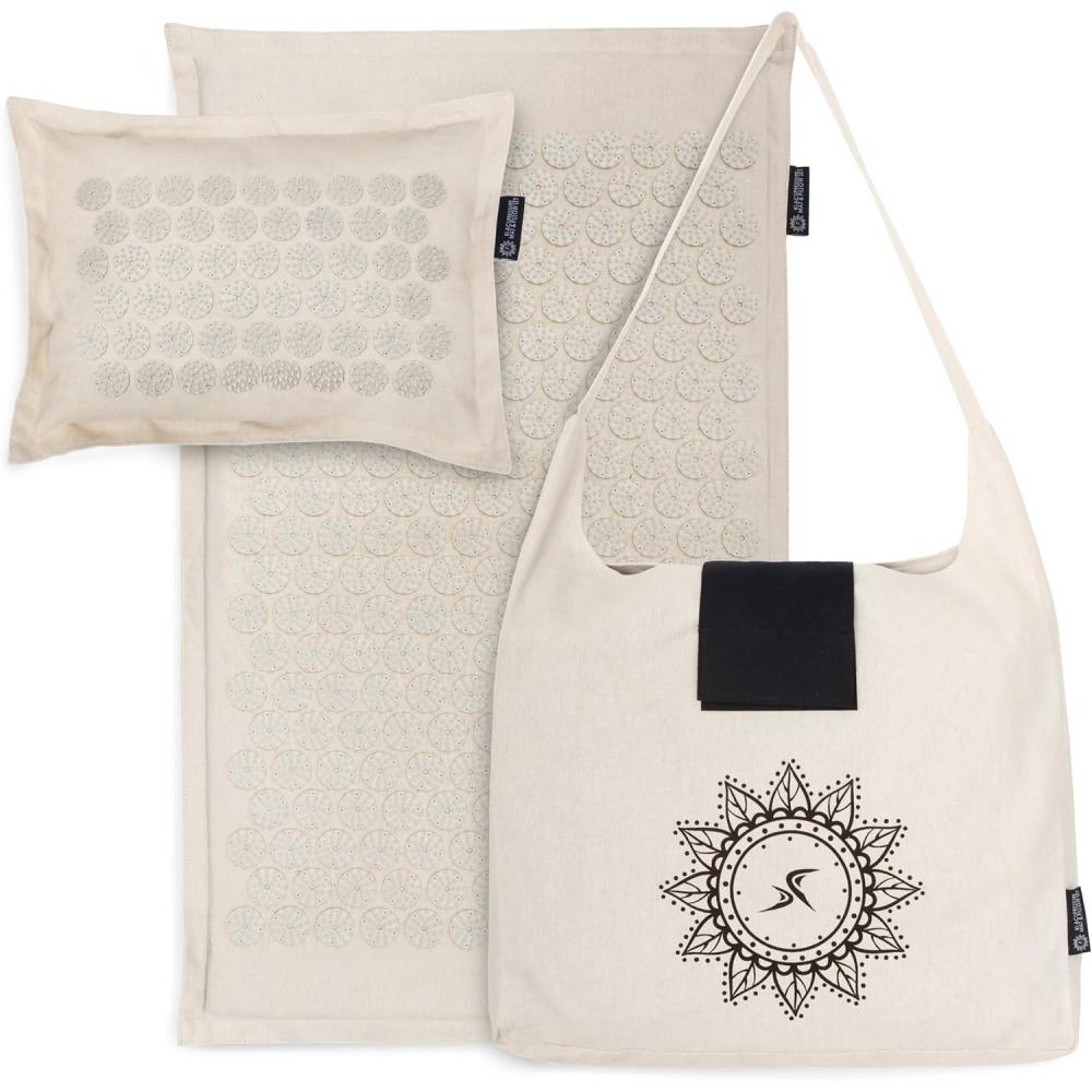 image:imageProsourceFit Ki Acupressure Mat and Pillow Set with 100 Natural Linen for BackNeck Pain Relief and Muscle RelaxationSand Dunes