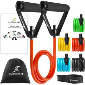 ProsourceFit Single Stackable Resistance Bands with Door Anchor and Exercise Guide, 8-12 LB, Heavy Duty Fitness Tube for Full-Body Exercises and Home Workouts(Assorted – 2 LB to 20 LB Resistance Level)